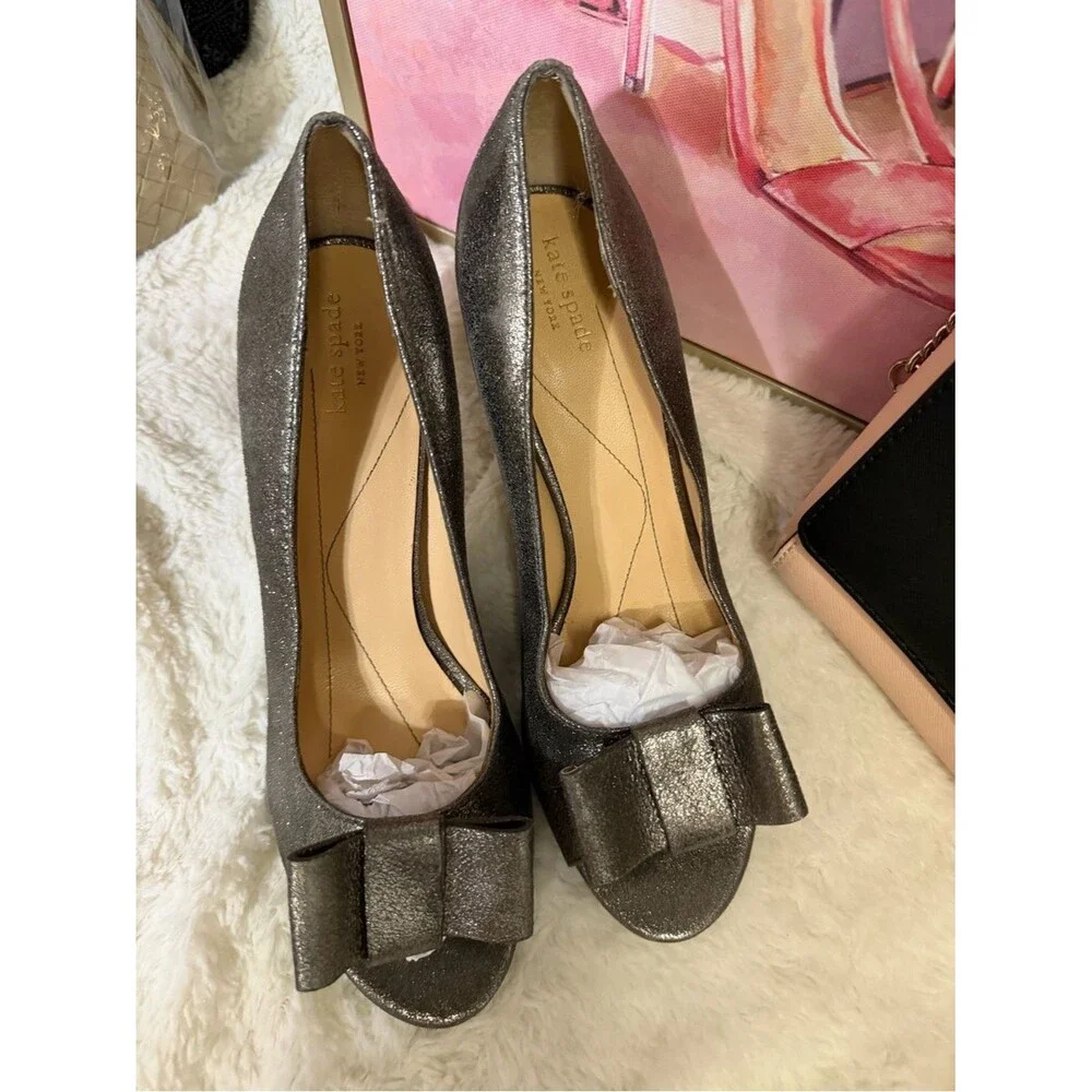 Kate Spade Bow Peep Toe Heels Metallic Pewter Pumps Size 8.5M Wedding Party